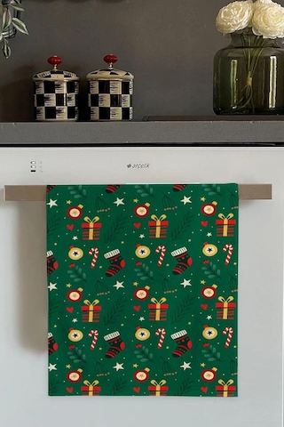 Yeşil Yeni Yıl Temalı Yılbaşı Fırın Mutfak Havlusu 30x50cm Açık Bej