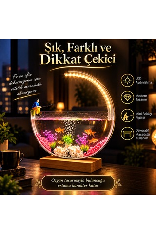 Led Işıklı Dekoratif Masaüstü Akvaryum Yarım Ay Tasarım Hava Kabarcıklı Balık