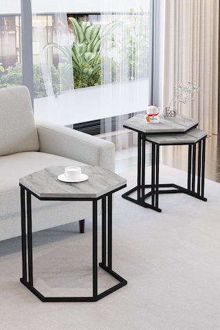 Tokyo 3'lü Zigon Sehpa Siyah Metal - Beyaz Mermer Tabla