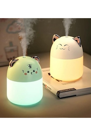 Led Işıklı Hava Nemlendiricisi Kedi Tasarımlı Buhar Makinesi - Beyaz Gözleri Kısık