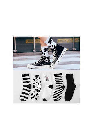 Worthy Socks 5'li Kadın Siyah-beyaz Inek Desenli Çizgili Pamuklu Tenis Kolej Çorap Siyqh-beyaz