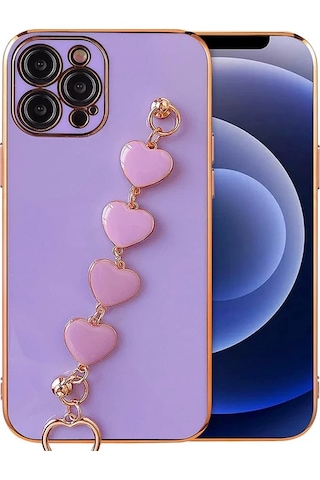Ally Apple iPhone Uyumlu 13 Pro Max 6.7inç Kılıf Kalp Bileklik Tutuculu Lüx Silikon Askılı Kılıf- 5775 Mor