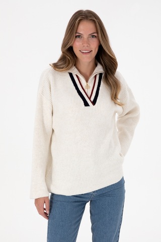 U.S. Polo Assn. Kadın Beyaz V Yaka Fermuarlı Kazak 50309564-VR256