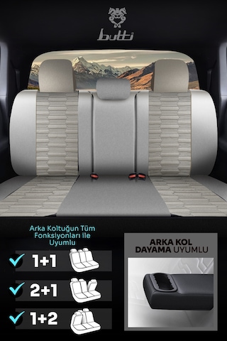 Gri - Gri Butti Libro Serisi Keten Kumaş Premium Oto Koltuk Kılıfı Destekli, Ön Arka Tam Set