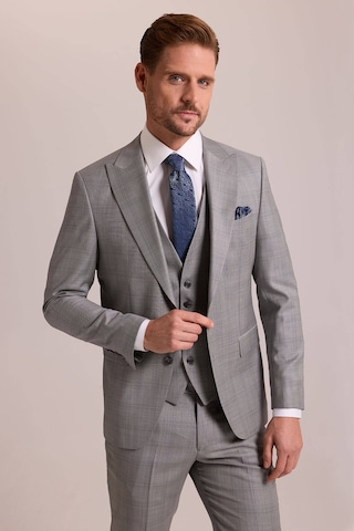Erkek Gri Krem Slim Fit Sivri Yaka Yelekli Yün Kareli Takım Elbis Gri - Krem