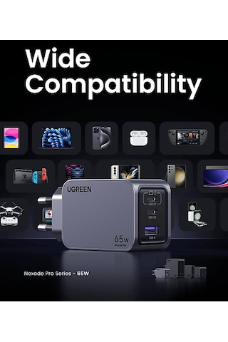 Ugreen Nexode Pro 65 W QC PD 2xUSB-C 1xUSB-A Gan Hızlı Şarj Cihazı Uzay Grisi