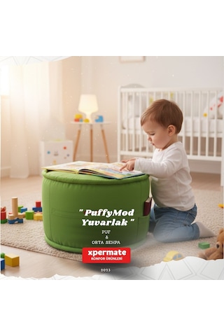 Dekoratif Yuvarlak Puf Orta Sehpa Puf 60x42 Cm Puffymod Yeşil
