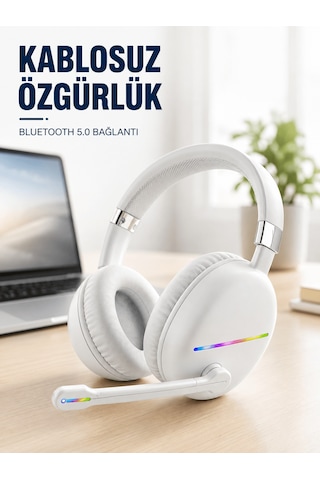 Kablosuz Bluetooth Mikrofonlu Beyaz Kulaklık Rgb Işıklı - 2000