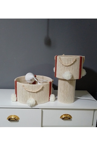 Makrome İp Avize Abajur Ponpon Avize Bebek Çocuk Avize Abajur Set Komple Makrome İp Ekru