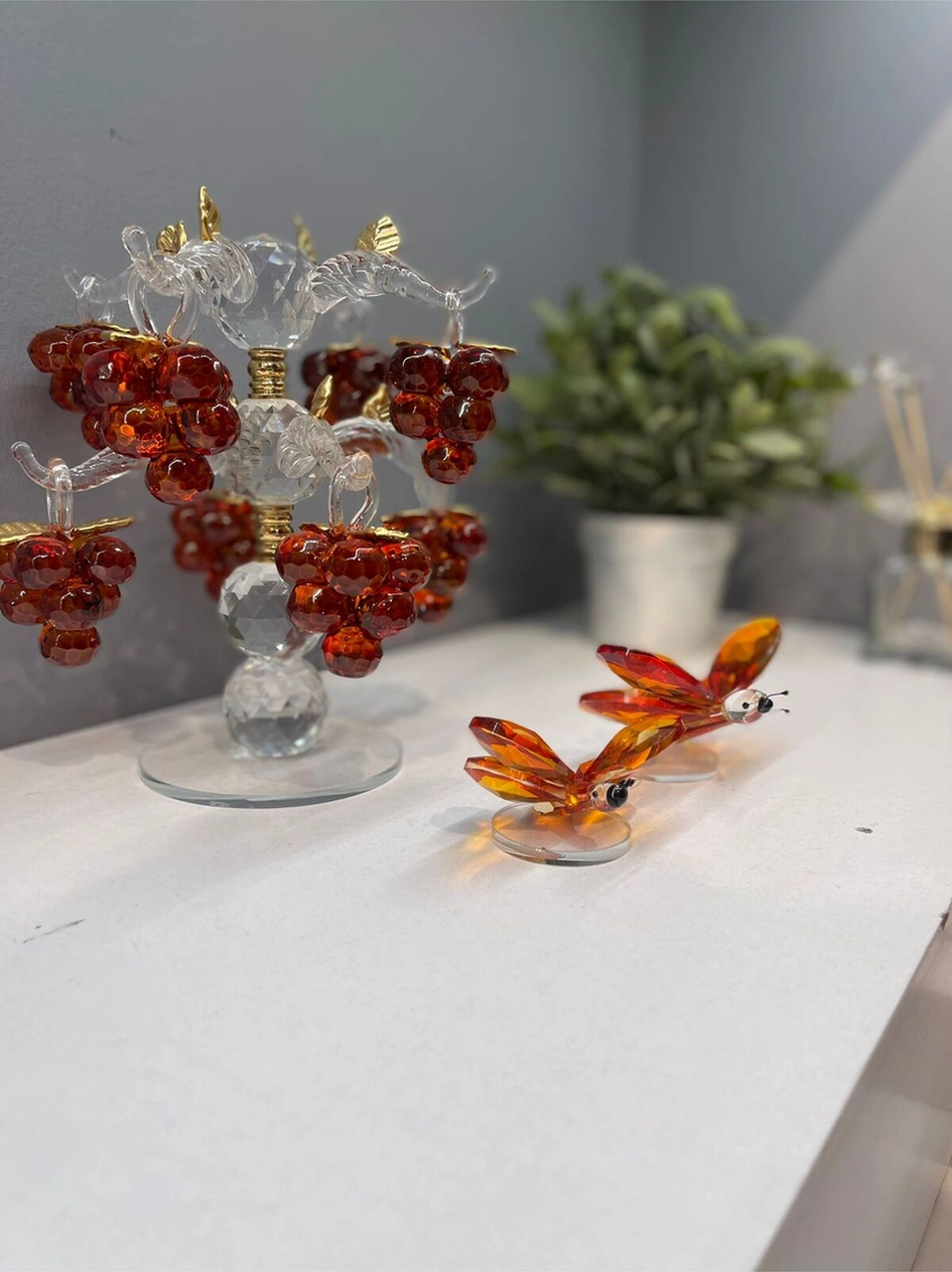 Dekoratif Kristal Cam Ikili Kelebek Biblo Turuncu .