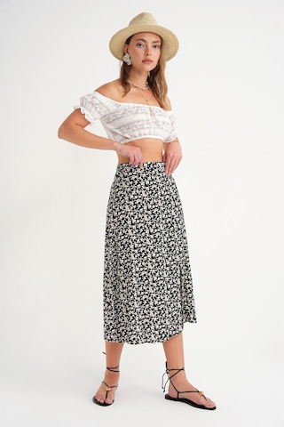 4696 Kadın Yırtmaç Detaylı Çiçek Desenli Midi Dokuma Etek Siyah Siyah