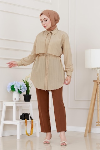 Sevitli Beli Bağcıklı Allerli Taşlı Tunik-bej-5219 Bej