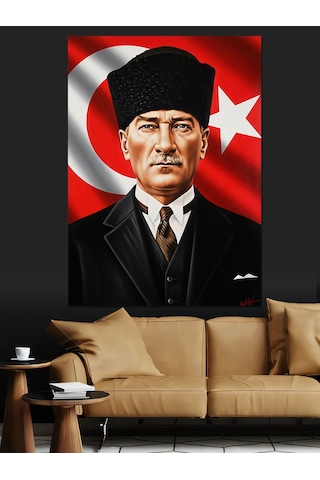Ahşap Tablo Bayrak Önünde Atatürk Portresi