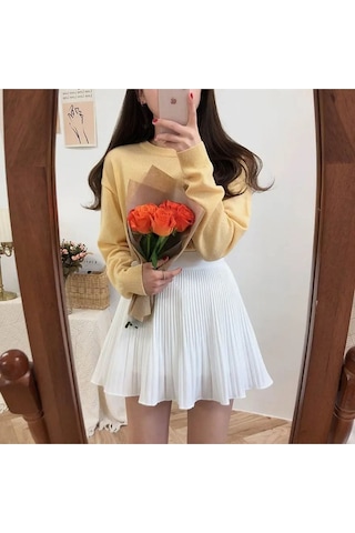 Fashion Cocktail Astarı Şortlu Pileli Pliseli Beli Lastikli Ofis Günlük Gecelik Mini Dalgalı Hareketli Şort Etek Beyaz