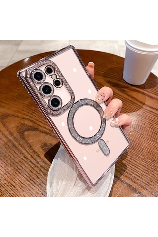 Samsung Galaxy S26 Ultra Uyumlu Şeffaf Taşlı Magsafe Özellikli Kılıf Rose Pembe
