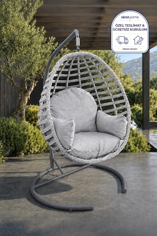Niron Royal Rattan Bahçe Salıncağı Gri - Minderli Modern Salıncak