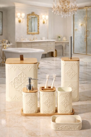 Makri Home Desenli 7 Parça Bambu Kapaklı Ve Aksesuarlı Banyo Seti Gri