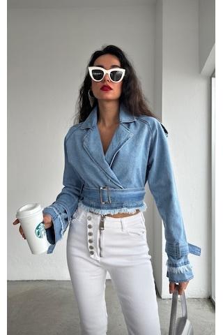 Denim Püskül Detaylı Kot Ceket Mavi Denim Püskül Detaylı Kot Ceket Mavi