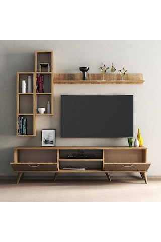 Mega 180 lik Kitaplıklı Raflı Tv Ünitesi Çam Hazeran Kapaklı - TV