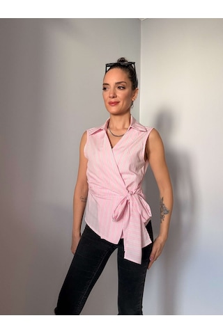 Ali Butik Pembe Çizgili Sıfır Kol Poplin Gömlek Pembe