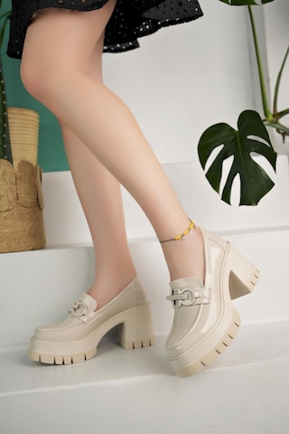 Muggo Valencia Garantili Kadın Kalın Topuklu Yuvarlak Burunlu Metal Tokalı Loafer Günlük Ayakkabı 001