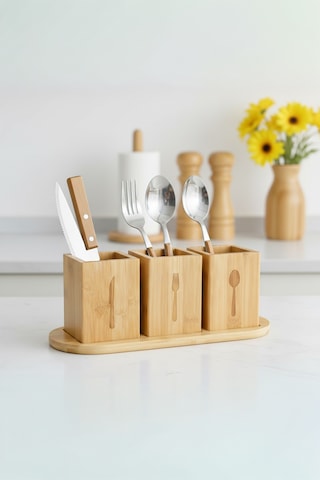 Miccho - 4 Parça Standlı Kaşıklık Kare Bambu