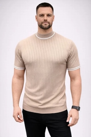 Vexor Erkek Fitilli Triko Dokuma Kısa Kol Tişört Yarım Boğaz Modern Yazlık T-shirt - Bej