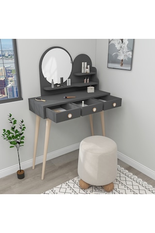 Arnetti Ruges Aynalı Makyaj Masası Ahşap Ayaklı Antrasit