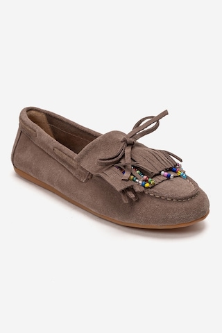Luvishoes Evelyn Vizon Süet Hakiki Deri Püsküllü Boncuklu Kadın Loafer Ayakkabı