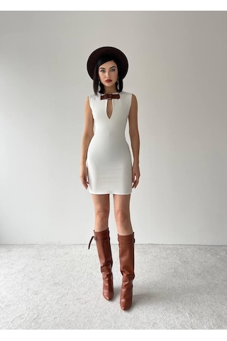 Dogutrend Nadia Kemerli Mini Elbise Beyaz