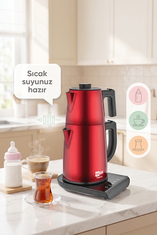 Egetürk TeaDem Vox Konuşan Dokunmatik Çay Makinesi Mama Suyu Hazırlama 1850W 1.7L Kettle 1.2L Demlik Kırmızı