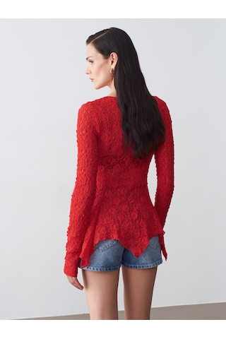 Dilvin 60433 Düğmeli Peplum Dantel Hırka-kırmızı