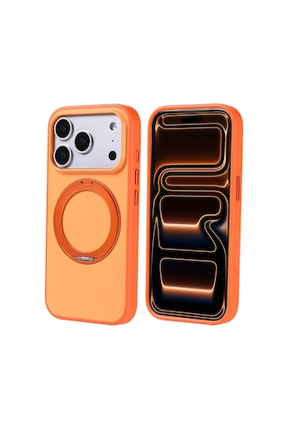 Zore Apple iPhone Uyumlu 17 Pro Kılıf M-safe Şarj Özellikli Standlı Omsy Proton Silikon Kapak - Turuncu