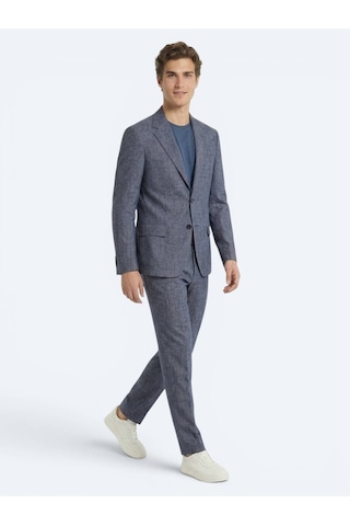 Kip Mavi Desenli Modern Fit Keten Karışımlı Takım Elbise