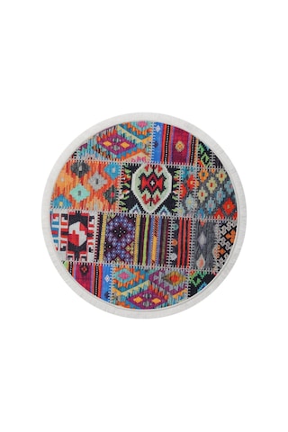Dijidekor 9010 Patchwork Temalı Saçaklı Dijital Yuvarlak Halı Kaymaz Yıkanabilir 9010-yuvarlak-sacaklı