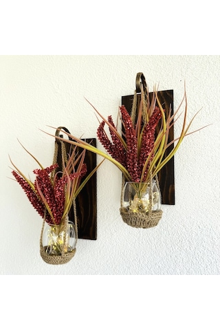 Duvar Dekoru, Led Işıklı, Kırmızı Çubuk Cipso Çiçekli, Ceviz Aplik İkili Set