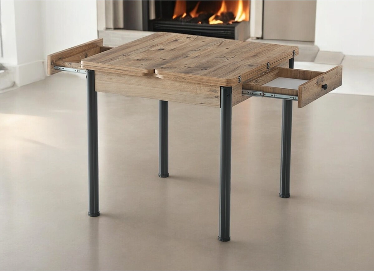 Dengema Neva Açılır Kapanır Mutfak Masası Ceviz Desen, Siyah Ayak, 80x80/160 Cm Atlantik