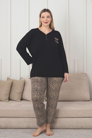 X-dreamy Büyük Beden Viskon Desenli Uzun Kollu Pijama Takımı Leopar