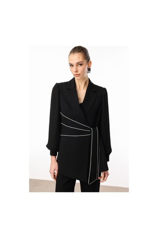 Moda İlgi Kadın Kolları Piliseli Şerit Aksesuarlı Ceket 5008 Siyah Siyah