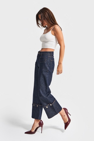 it's basic Kadın İndigo Renk 7w5-50 Crop Straight Fit Paça Detaylı Tasarım Denim Jean