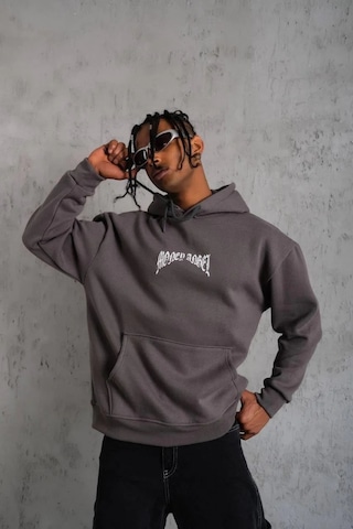 Erkek 3 İplik Pamuklu Baskılı Kapüşonlu Cepli Sweatshirt Hoodie - Füme Füme