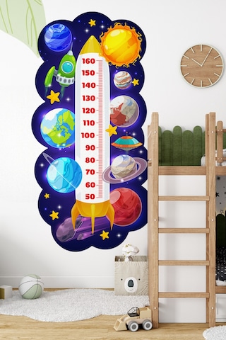 Gezegenler Temalı Dekoratif Çocuk Boy Ölçer Sticker Duvar Cetveli Takip Çizelgesi Figür 2 Lacivert