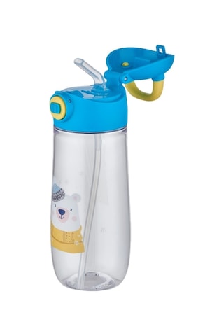550 Ml Pipetli Desenli Çocuk Su Matarası Kilitli Kapak Taşıma Kulplu Mavi