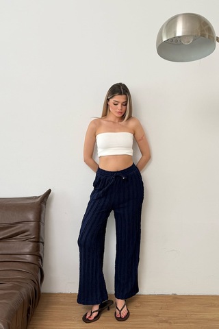 Giysa Kadın Beli Ayarlanabilir Fırfır Detaylı Çift Cepli Pantolon Lacivert - Ms0001626