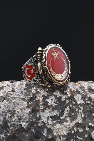 Ay Yıldız - Ay Yıldızlı - Kelime-i Tevhid Yazlı 925 Ayar Gümüş Erkek Yüzük Mineli 902487 Gümüş