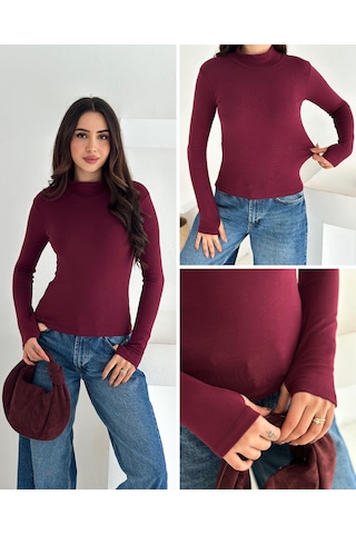 Kadın Yarım Balıkçı Yaka Parmak Geçmeli Full Likralı Buzz Body Bordo