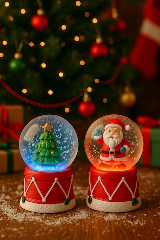 Yeni Yılın En Güzel Hediyesi Yılbaşı 2 Adet Led Işıklı 6,5 Cm Noel Baba Yılbaşı Çam Ağacı Kar Küresi Dekoratif Obje