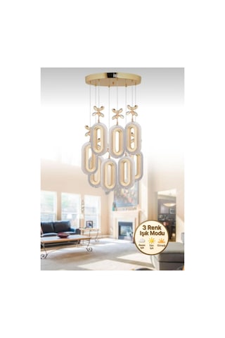 8'li Zenith Gold Kumandalı Avize 3 Renk Ledli Altın
