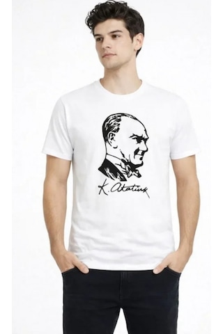 Efnaz Style Erkek Atatürk Baskılı Tişört Kısa Kollu Bisiklet Yaka T-shirt - Beyaz