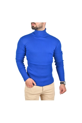 Deepsea Erkek Mavi İnce Fitilli Tam Boğazlı Balıkçı Yaka Tüylenmeyen Triko Kazak 2505498 Mavi